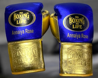 Personalized Blue & Gold Cowhide Leather Boxing Gloves: Custom Name Sparring Gloves