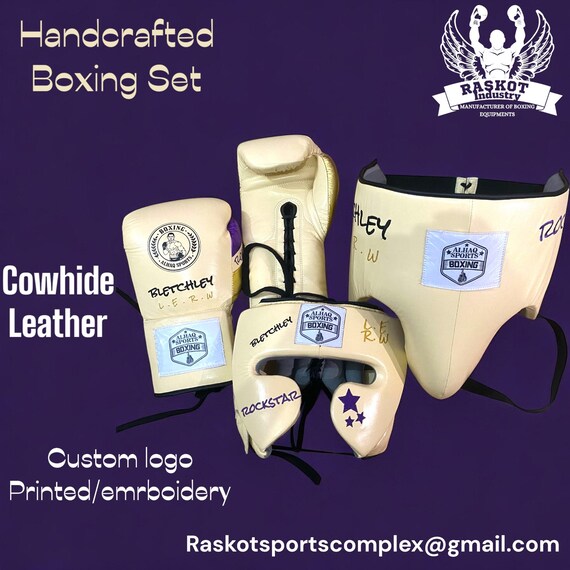 Customized Cowhide Leather Boxing Set: Personalized Sparring Gear get with custom names personalized boxing gloves head guard groin guard