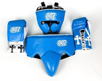Custom Embroidered Cowhide Leather Boxing Sparring Set, Personalized Name Prints Mexican red  color
