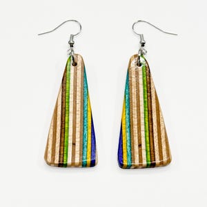 Handmade Recycled Skateboard Earrings – Triangle Striped Design – Lightweight Wood Jewelry