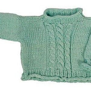 May include: A light green knitted sweater with a cable knit pattern.
