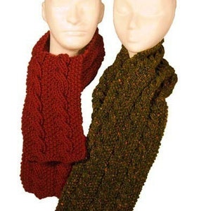 May include: Two knitted scarves, one red and one green, with a cable knit pattern.