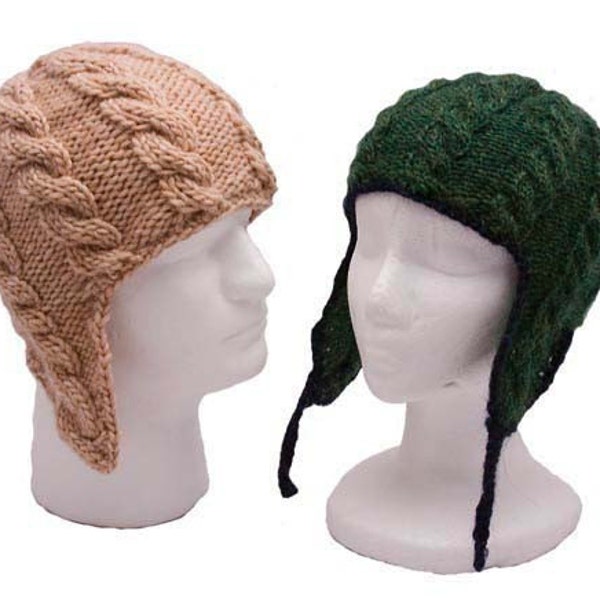 Adult Cable Ear Flap Hat - Two Yarn Weight Options - Knitting Pattern PDF