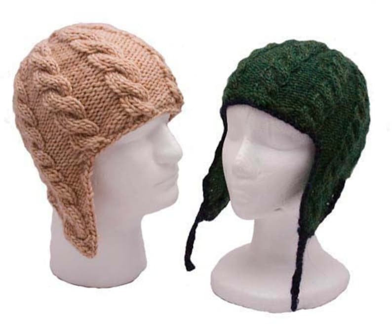 Adult Cable Ear Flap Hat Two Yarn Weight Options Knitting Pattern PDF image 1