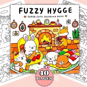 Fuzzy Hygge Coloring book - 40 Printable Pages PDF Cozy Cute Illustrations Comfortable Easy Relaxation Designs for Adults & Teens Digital