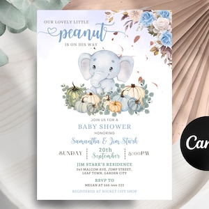 Editable Fall Elephant Baby Shower Invitation, Blue Sprinkle Baby Shower Invite, Baby Boy Little Peanut Invitation Safari Printable Template
