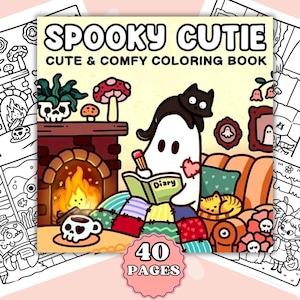 Spooky Cutie Coloring Book - 40 Printable Pages Adorable Creepy Adults and Teens Creatures in Moments of Cozy Hygge Relaxation Illustrations