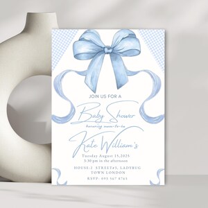 Blue Bow Baby Shower, Watercolor Baby Shower Baby Blue Ribbon Minimalist 1st Birthday KATE Digital Printable Editable Invitation Template