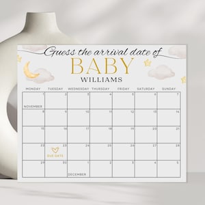 Baby Prediction Calendar Game, Editable Baby Due Date, Guess Baby&#39;s Birth Date, Due Date Game, Instant Download, Printable Baby Shower Game