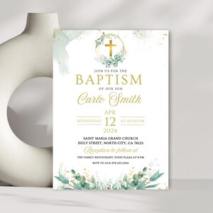 Baptism Invitation Template, Digital Baptism Invitation, Christening Evite, Baptism Phone Invite, Greenery Electronic Instant Baptism Invite