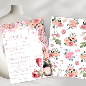 Petals and Prosecco Invitation Bridal Shower, Printable Editable Bridal Shower Digital Template, Champagne Pink Bridal Shower Invite Instant