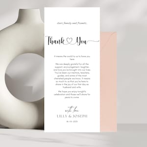Nota moderna de bienvenida y agradecimiento, plantilla de tarjeta de agradecimiento para mesa de boda, archivo de notas de boda editables con servilletas, carta de agradecimiento para establecer el lugar