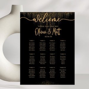 Hochzeit Schwarz Gold Sitzplan, schwarz Gold Hochzeit Glam Vorlage Zeichen, Sitzplan Zeichen druckbare Tabelle, Hochzeit Sitzplan Plan