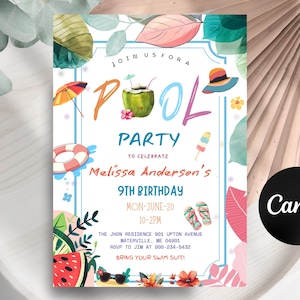 ANY AGE Girl Editable Tropical Pool Party Birthday Invitation Modern Simple Chic Pool Party Instant Download Birthday Invite Digital File