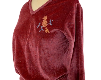 Vintage 70s Velour Maroon V Neck with Bird. Sz S