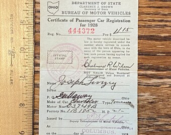 1928 Ohio Passenger Car Registration