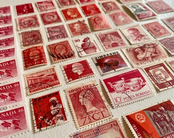 Vintage Postmarked Stamps. 50 Piece Red