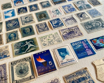 Vintage Postmarked Stamps. 50 Piece Blue