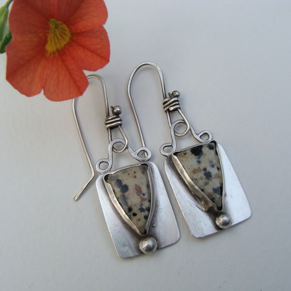 Silver Dalmation Jasper Dangle Oxidized Earrings