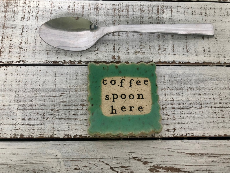 made to order Stamped Ceramic spoon rest -coffee spoon here -Trinket dish- stamped- gift- hostess- pottery- holder- coffee drinker- fun gift 