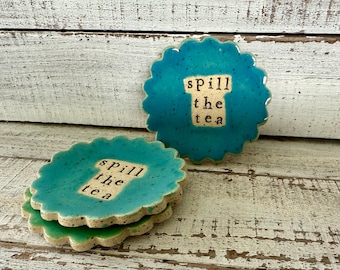 made to order Stamped Ceramic spoon rest -spill the tea -Trinket dish- stamped- gift- hostess- pottery- holder- coffee drinker- fun gift