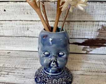 Creepy Baby Doll Head Vase Canister Holder Stoneware Vintage style goth- halloween- moody