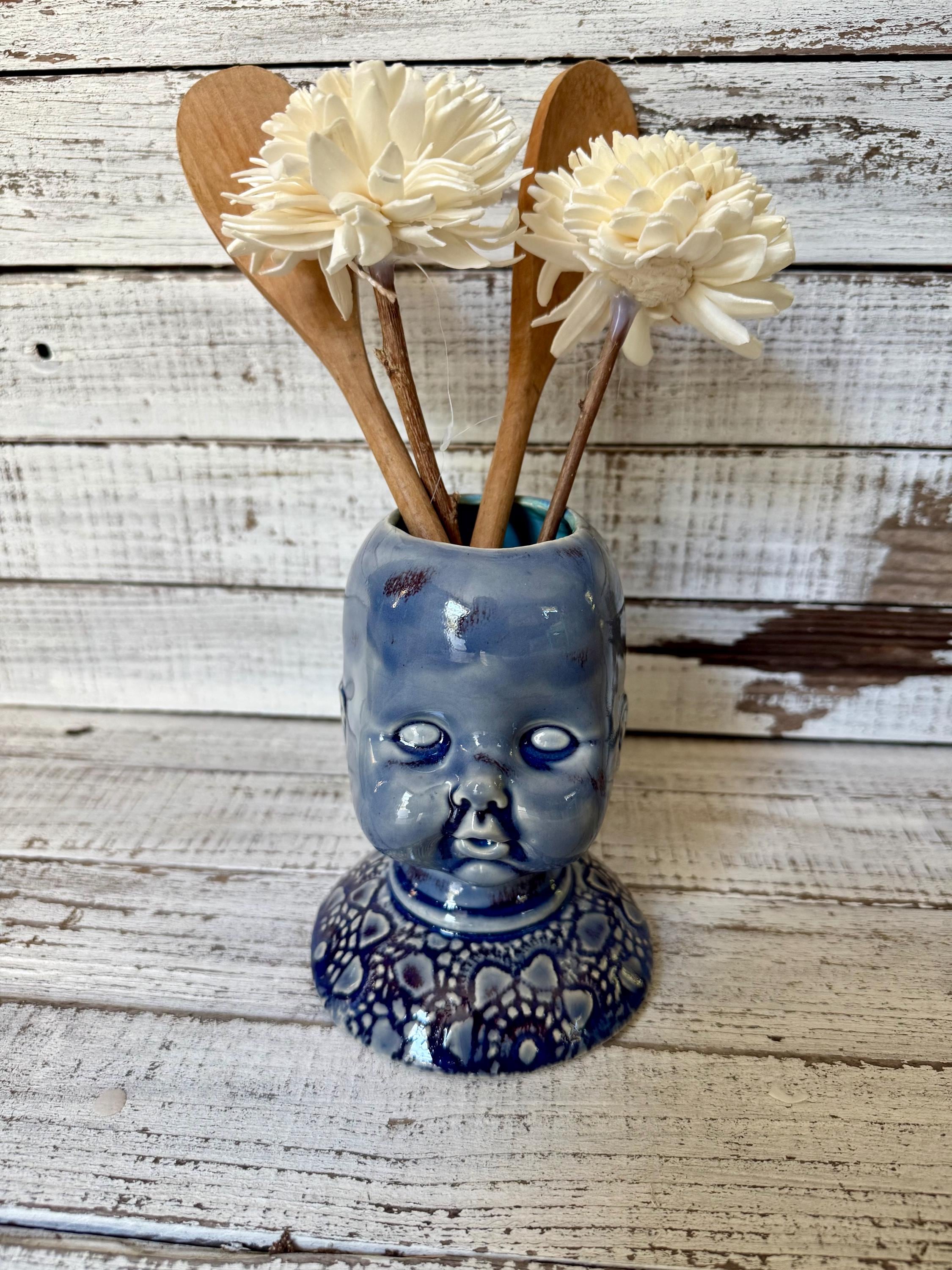 Creepy Baby Doll Head Vase Canister Holder Stoneware Vintage Style 