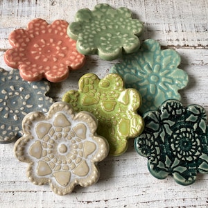 Assorted lace textured-Ceramic Flowers Wedding shower favors Coffee Spoon Rests Ring Holder Trinket dish Tea Bags one image 2