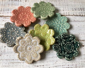 Assorted lace textured-Ceramic Flowers - Wedding- shower favors- Coffee Spoon Rests - Ring Holder- Trinket dish- Tea Bags- set of 12