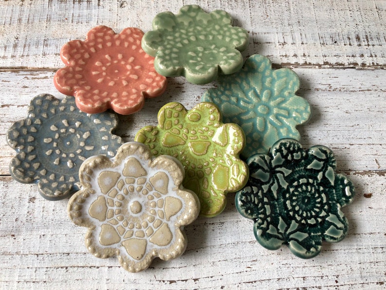 Assorted lace textured-Ceramic Flowers Wedding shower favors Coffee Spoon Rests Ring Holder Trinket dish Tea Bags one image 2