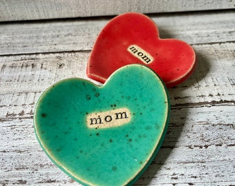 Made to order Ceramic Heart- MOM- Coffee or tea Spoon Rest - small Soap dish - Jewelry Holder- rings- earrings- votive- Mother's Day gift