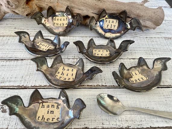 Ceramic Bat Coffee Spoon Rest- Tea Bag - Candle Holder- Ring Dish- Jewelry-  Trinkets- Black Goth- Halloween- Moody- Made to Order - Etsy