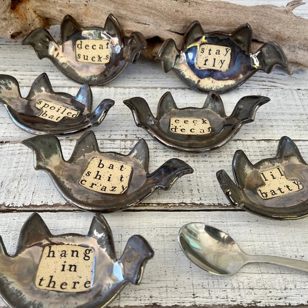 Ceramic bat coffee spoon rest- tea bag - candle holder- ring dish- jewelry- trinkets- black goth- halloween- moody- made to order