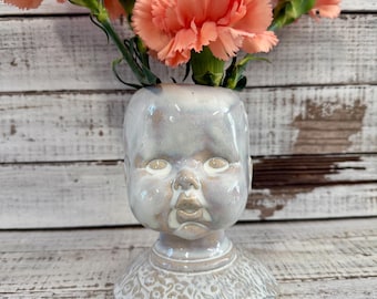 Creepy Baby Doll Head Vase Canister Holder Stoneware Vintage style goth- halloween- moody