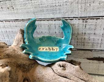 Ceramic Crab- coffee spoon rest- tea bag rest- candle holder- ring dish- jewelry- trinket dish- green- ocean decor-gift