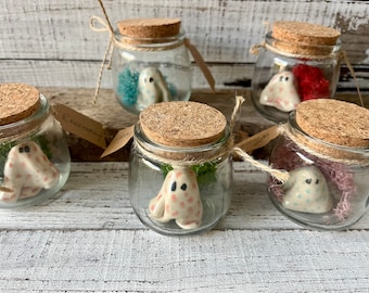 Adopt a pet ghost - Ceramic- glass jar- moss- goth- halloween - office- gift- decor- one of a kind- polka dots- friend- choose your favorite