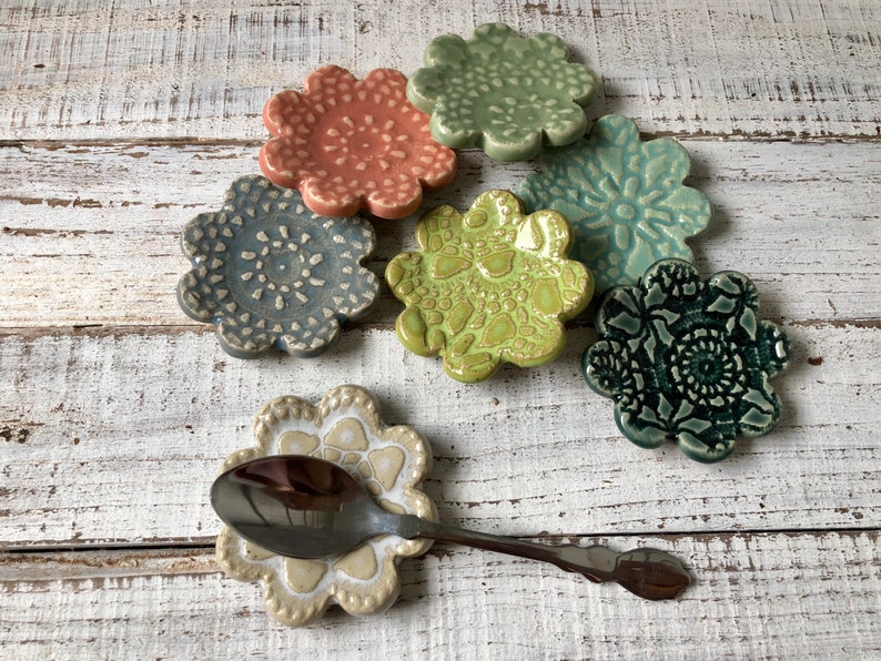 Assorted lace textured-Ceramic Flowers Wedding shower favors Coffee Spoon Rests Ring Holder Trinket dish Tea Bags one image 4