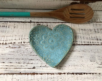 Ceramic Heart Lace Spoon Rest-  Jewelry Dish -candle holder- Soap- Coffee- utensils- Valentines Day Gift -pottery- made to order