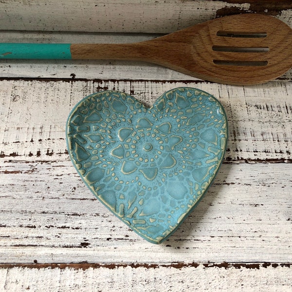 Heart Spoon Rest -Ceramic Dish -candle- Jewelry- Soap- Coffee- utensil- Valentines Day -pottery- gift- hostess- teachers- housewarming- lace