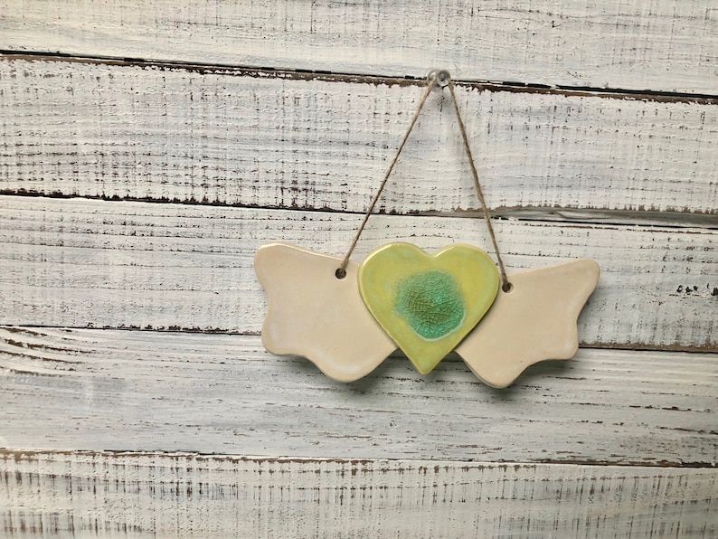 angel Heart with Wings wall art Holiday ornament ceramic melted glass wings decoration love ornament wall hanging memorial