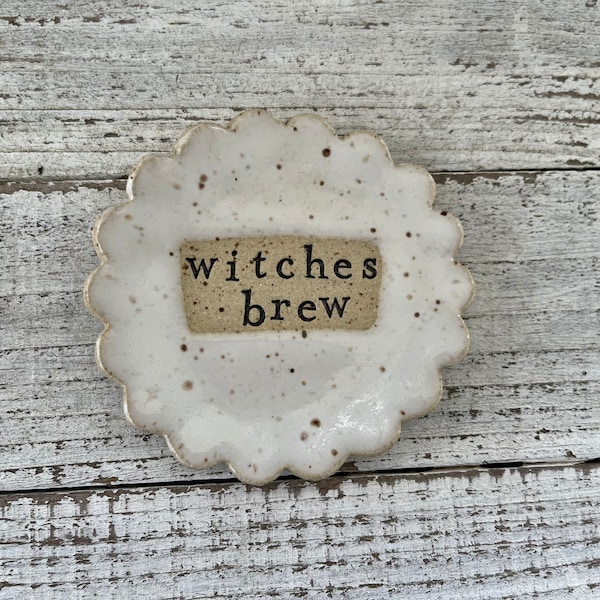 made to order Stamped Ceramic spoon rest -witches brew- Trinket dish- stamped- gift- hostess- pottery- holder- coffee drinker- fun gift