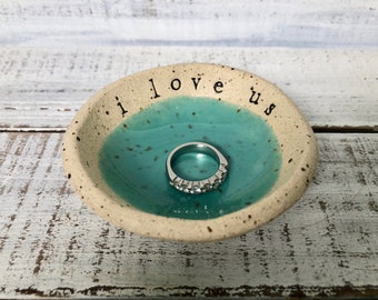 I love us- Ring Holder- food prep- salt cellar- votive dish- trinkets - pill bowl-favor- tiny- sauce- medication Dish- wedding gift