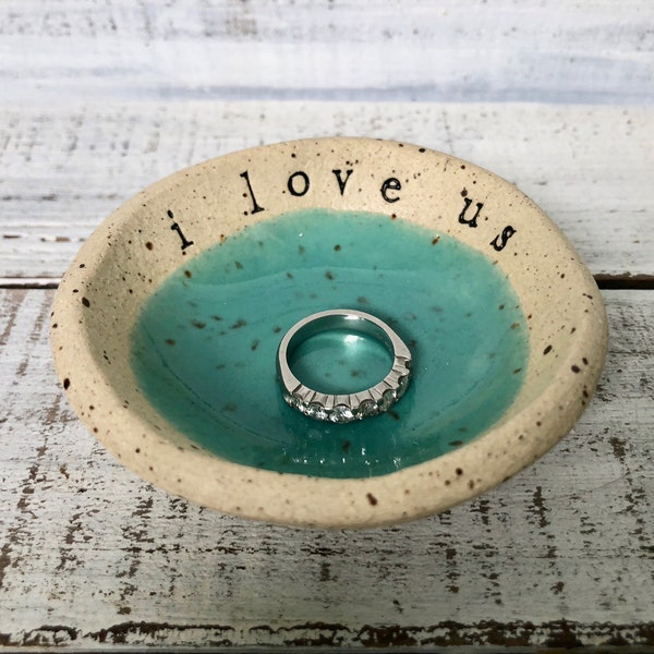 I love us- Ring Holder- food prep- salt cellar- votive dish- trinkets - pill bowl-favor- tiny- sauce- medication Dish- wedding gift