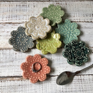 Assorted lace textured-Ceramic Flowers Wedding shower favors Coffee Spoon Rests Ring Holder Trinket dish Tea Bags one image 1