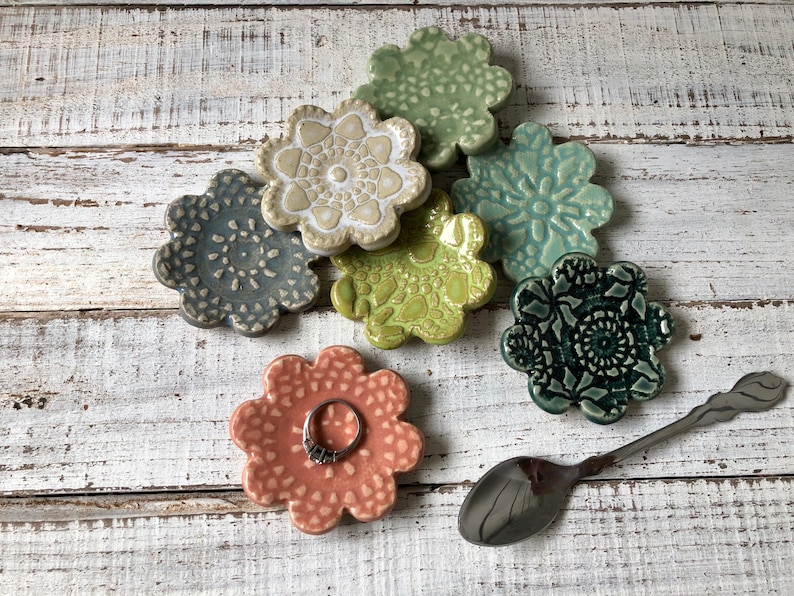 Assorted lace textured-Ceramic Flowers Wedding shower favors Coffee Spoon Rests Ring Holder Trinket dish Tea Bags one image 1