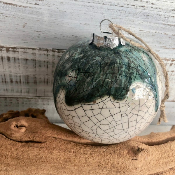 Ceramic ball ornament - melted glass- crackle- Christmas Tree- Turquoise black white-  Holiday decor- decoration- 4 inch- ooak- gift-