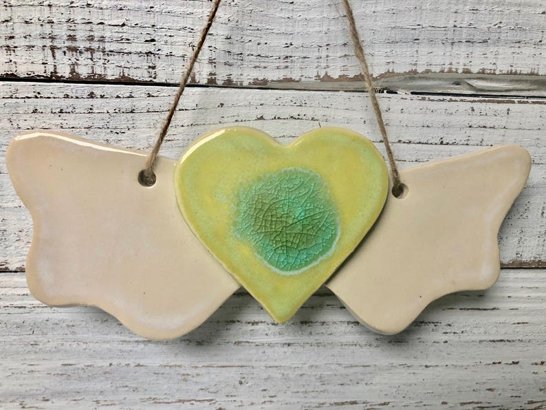 angel Heart with Wings wall art Holiday ornament ceramic melted glass wings decoration love ornament wall hanging memorial