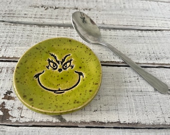 made to order Stamped Ceramic spoon rest-  -Trinket dish- stamped- gift- hostess- pottery- holder- coffee drinker- fun gift- cup- grinch