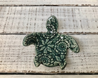 Made to order -Ceramic Sea turtle- coffee spoon rest- tea bag rest- candle holder- ring dish- jewelry- trinket dish- blue green- ocean decor