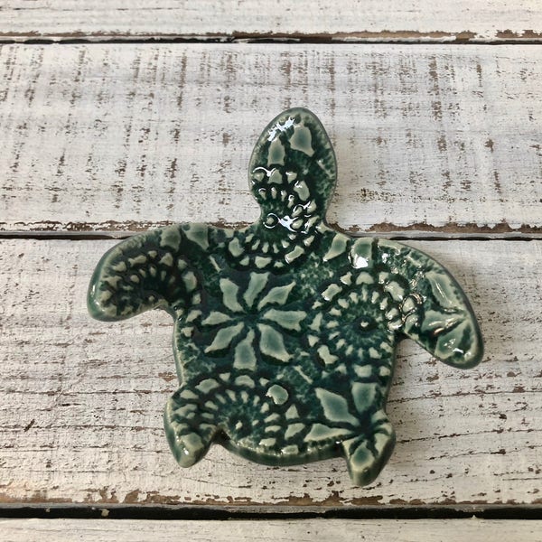 Made to order -Ceramic Sea turtle- coffee spoon rest- tea bag rest- candle holder- ring dish- jewelry- trinket dish- blue green- ocean decor